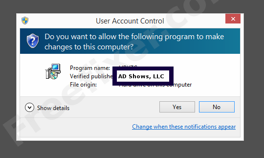 Screenshot where AD Shows, LLC appears as the verified publisher in the UAC dialog